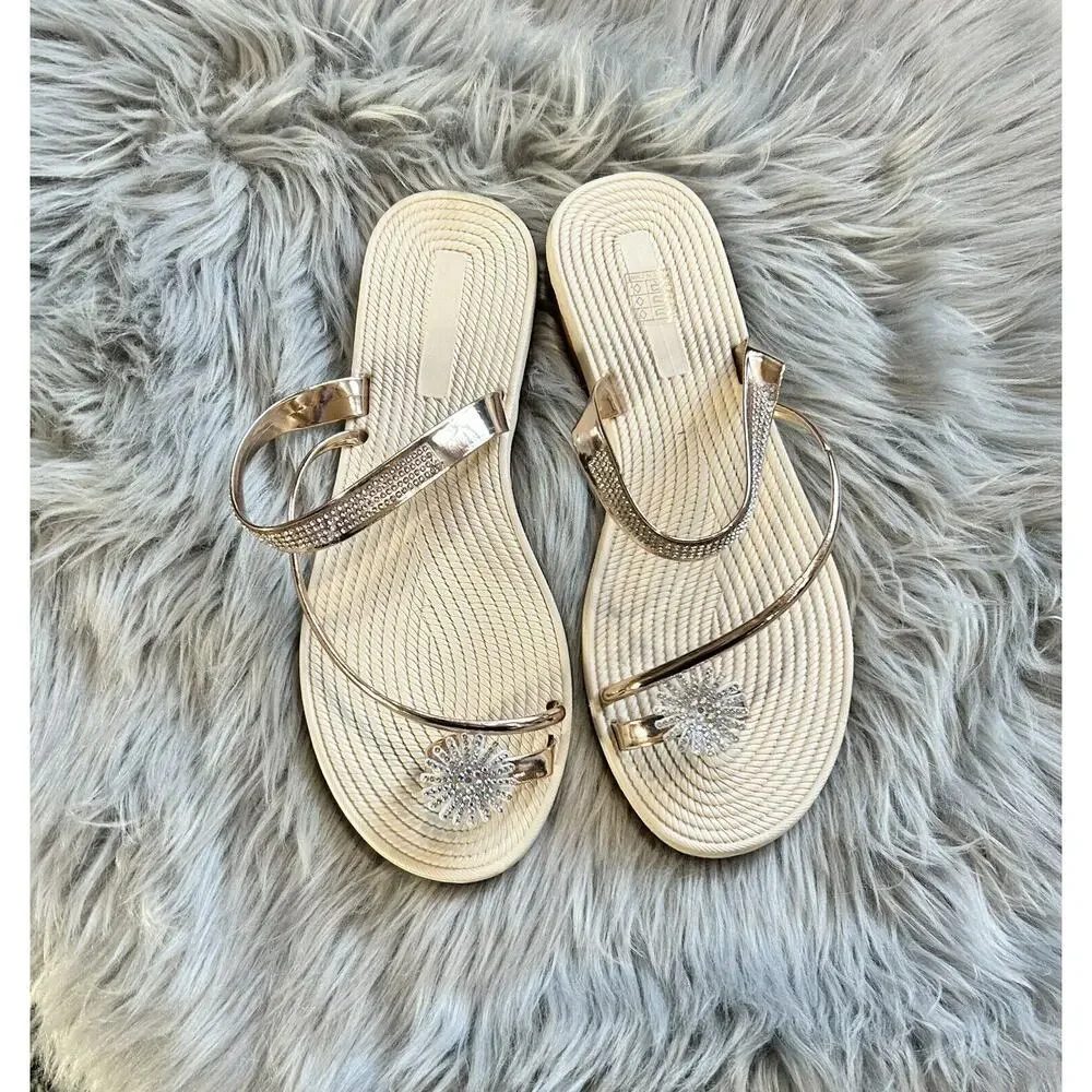 New Rose Goldtone Rhinestone-Embellished Toe-Strap Sandal - Size‎ 42 (US )
